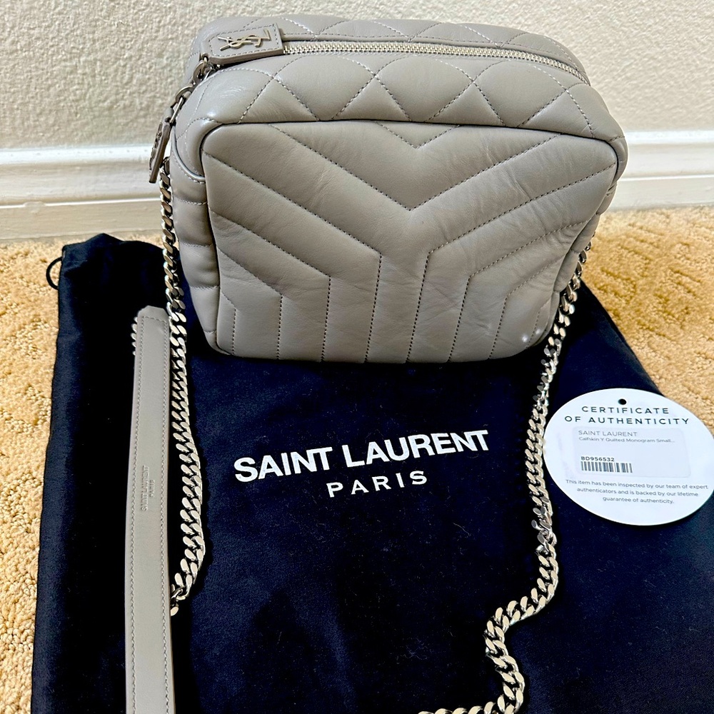 Saint Laurent Calfskin Y Quilted Monogram Small Loulou Bowling Bag Gray